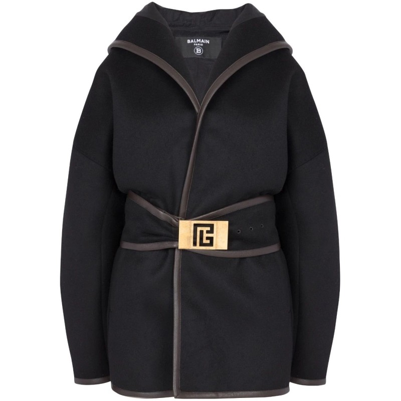 Hooded wool belted coat