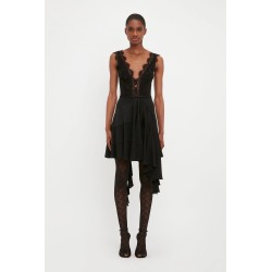 Victoria Beckham Lace Detail Ruffle Mini Dress In Black