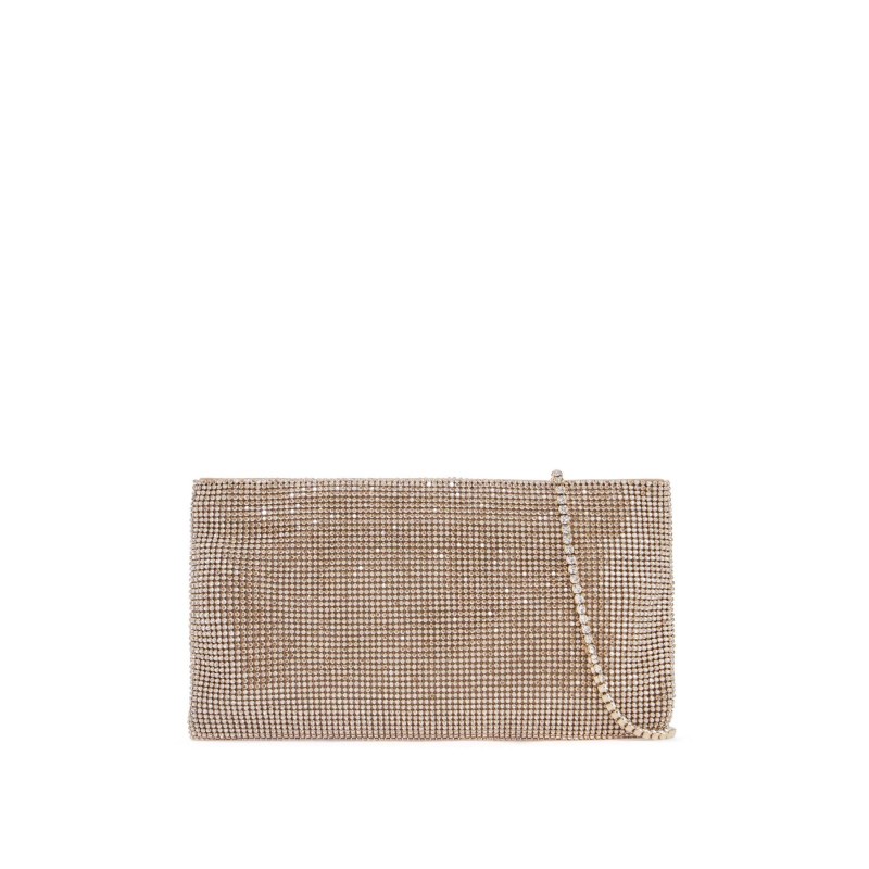 compact rectangular bag in light gold rhinestones with elegant and sophisticated chain