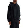 black cotton and recycled polyester hoodie with white raglan stripes