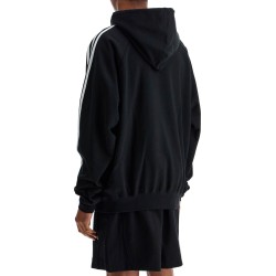 black cotton and recycled polyester hoodie with white raglan stripes