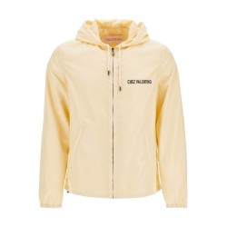 beige hooded windbreaker in logoed polyamide