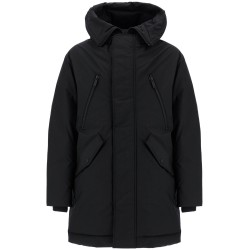 black techno down polyester parka with hood