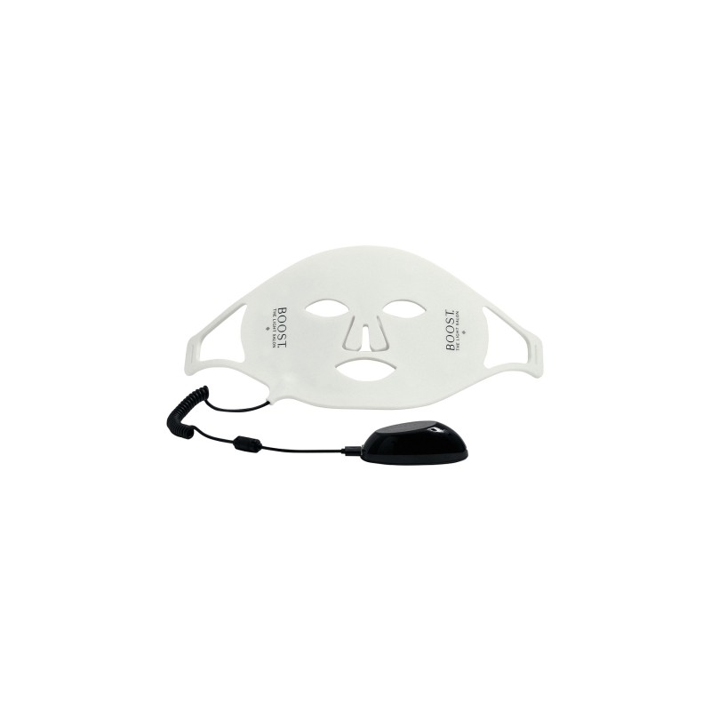 led face mask in eco-leather for ergonomic and adjustable facial treatment