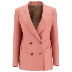 coral linen single-breasted blazer with turtle style buttons