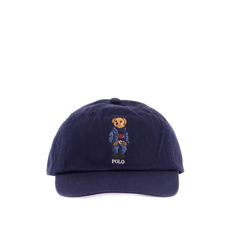 navy blue cotton hat with bear embroidery