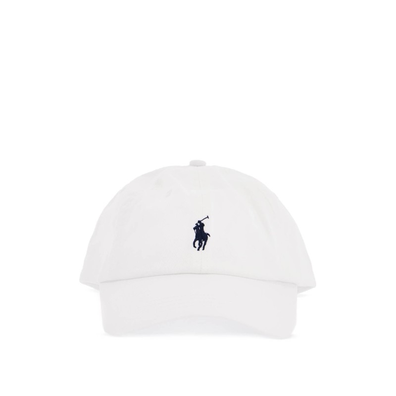 white cotton baseball cap with navy embroidered logo