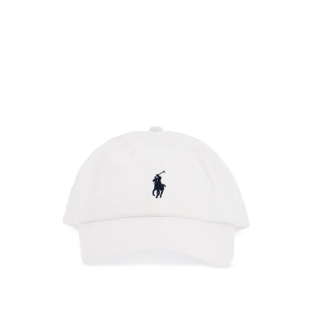 white cotton baseball cap with navy embroidered logo