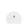 white cotton baseball cap with navy embroidered logo