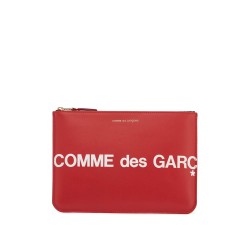 red calfskin wallet with large logo and zip closure