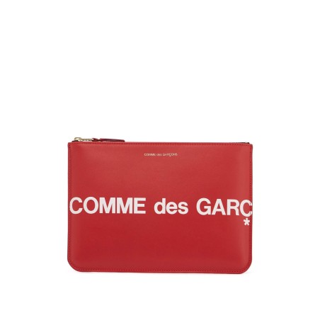 red calfskin wallet with large logo and zip closure