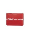 red calfskin wallet with large logo and zip closure