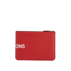 red calfskin wallet with large logo and zip closure