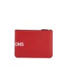 red calfskin wallet with large logo and zip closure