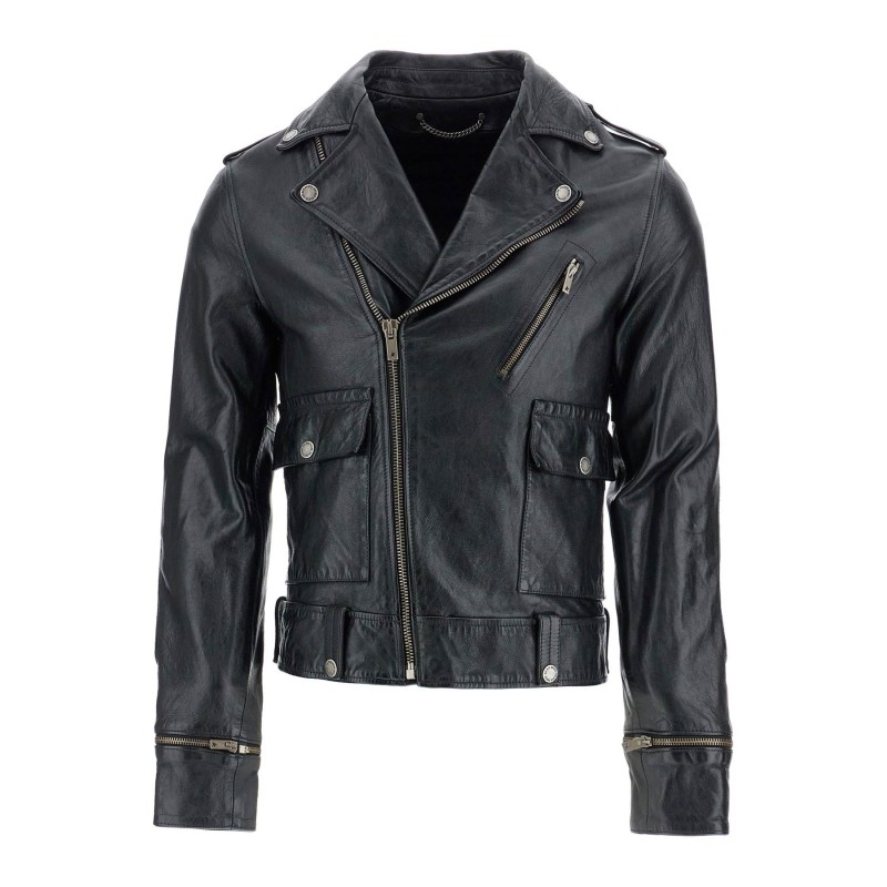 black waxed leather biker jacket with zip