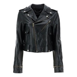 shiny black sheepskin biker jacket with sturdy zip