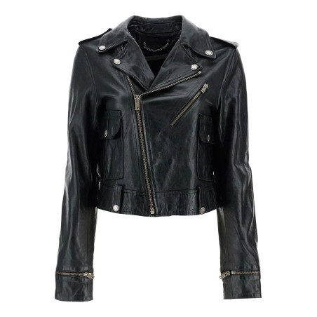 shiny black sheepskin biker jacket with sturdy zip