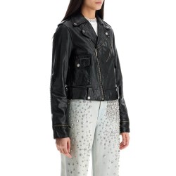 shiny black sheepskin biker jacket with sturdy zip