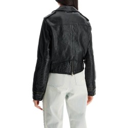 shiny black sheepskin biker jacket with sturdy zip