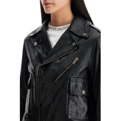 shiny black sheepskin biker jacket with sturdy zip