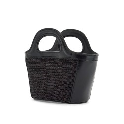 black woven cotton and nylon handbag with leather details and removable shoulder strap