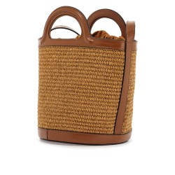 light brown woven fabric and leather bag with circular handles