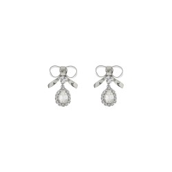 bow earrings with crystal pendant in silver-plated brass