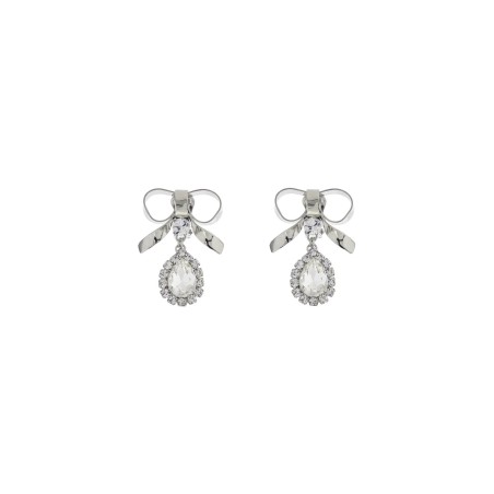 bow earrings with crystal pendant in silver-plated brass