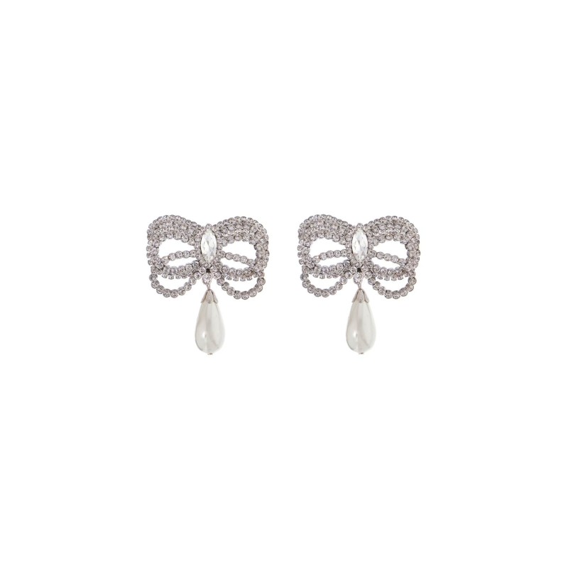 hypoallergenic brass earrings in silver with bow and drop pearl