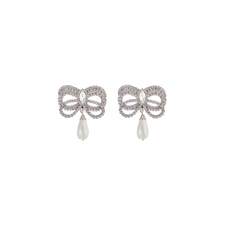 hypoallergenic brass earrings in silver with bow and drop pearl