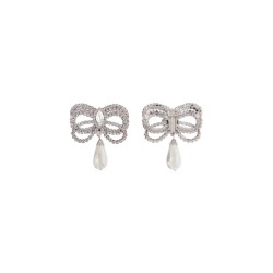 hypoallergenic brass earrings in silver with bow and drop pearl