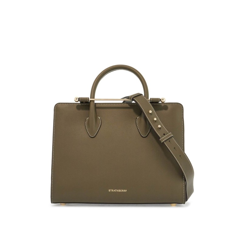 khaki leather midi handbag with adjustable shoulder strap