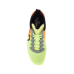 lime green and fluorescent orange sporty sneakers in cotton and pu bold design