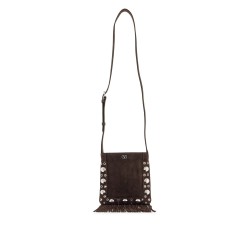 small suede crossbody bag in dark brown with studs and fringe