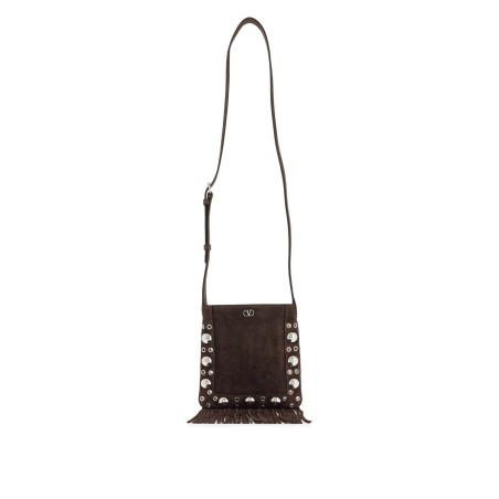 small suede crossbody bag in dark brown with studs and fringe