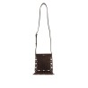 small suede crossbody bag in dark brown with studs and fringe