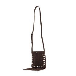 small suede crossbody bag in dark brown with studs and fringe