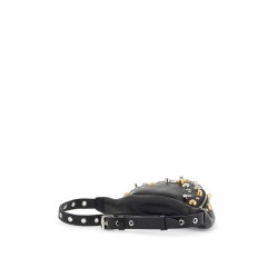 black leather belt bag with studs and shoulder strap