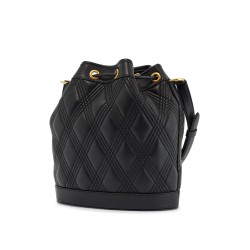 quilted black leather drawstring bag