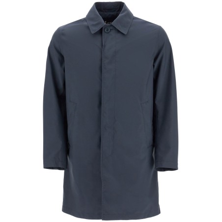 long blue waterproof coat in high-quality polyester with buttons