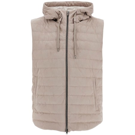 sleeveless down jacket in dove gray polyester with quilted hood