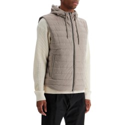 sleeveless down jacket in dove gray polyester with quilted hood