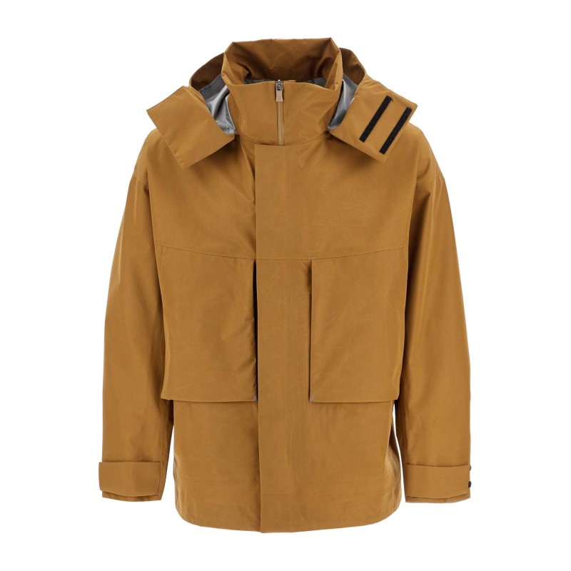 light brown waterproof short jacket in polyester with hood