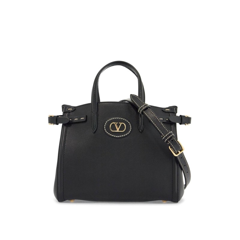 borsa tote piccola nera in pelle con logo oro