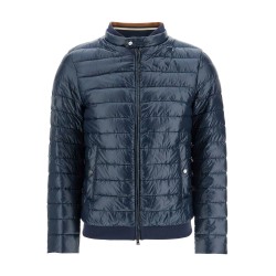 dark blue lightweight quilted nylon down jacket with high collar