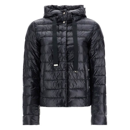 ultra-lightweight black nylon down jacket with hood