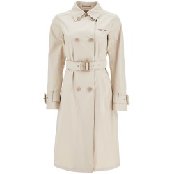 beige cotton double-breasted trench coat with adjustable sleeves