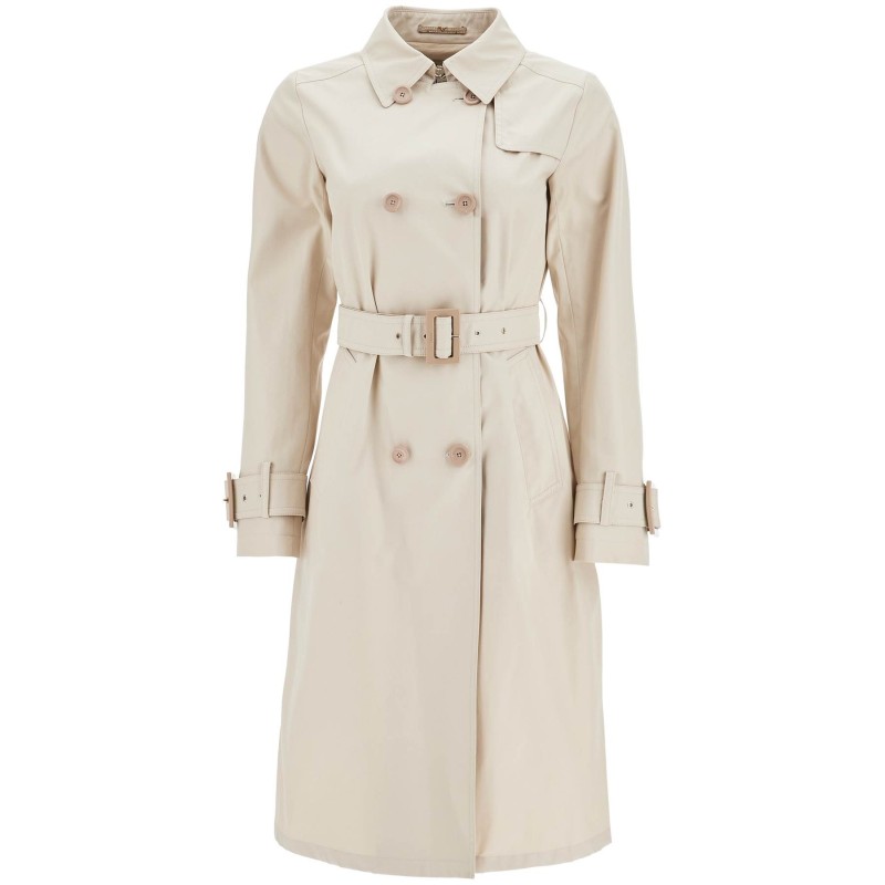 beige cotton double-breasted trench coat with adjustable sleeves