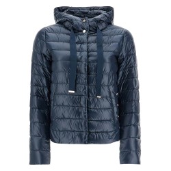 cropped down jacket with hood in ultralight dark blue nylon