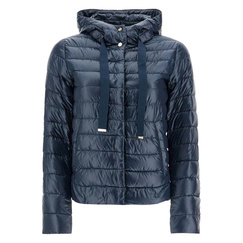 cropped down jacket with hood in ultralight dark blue nylon